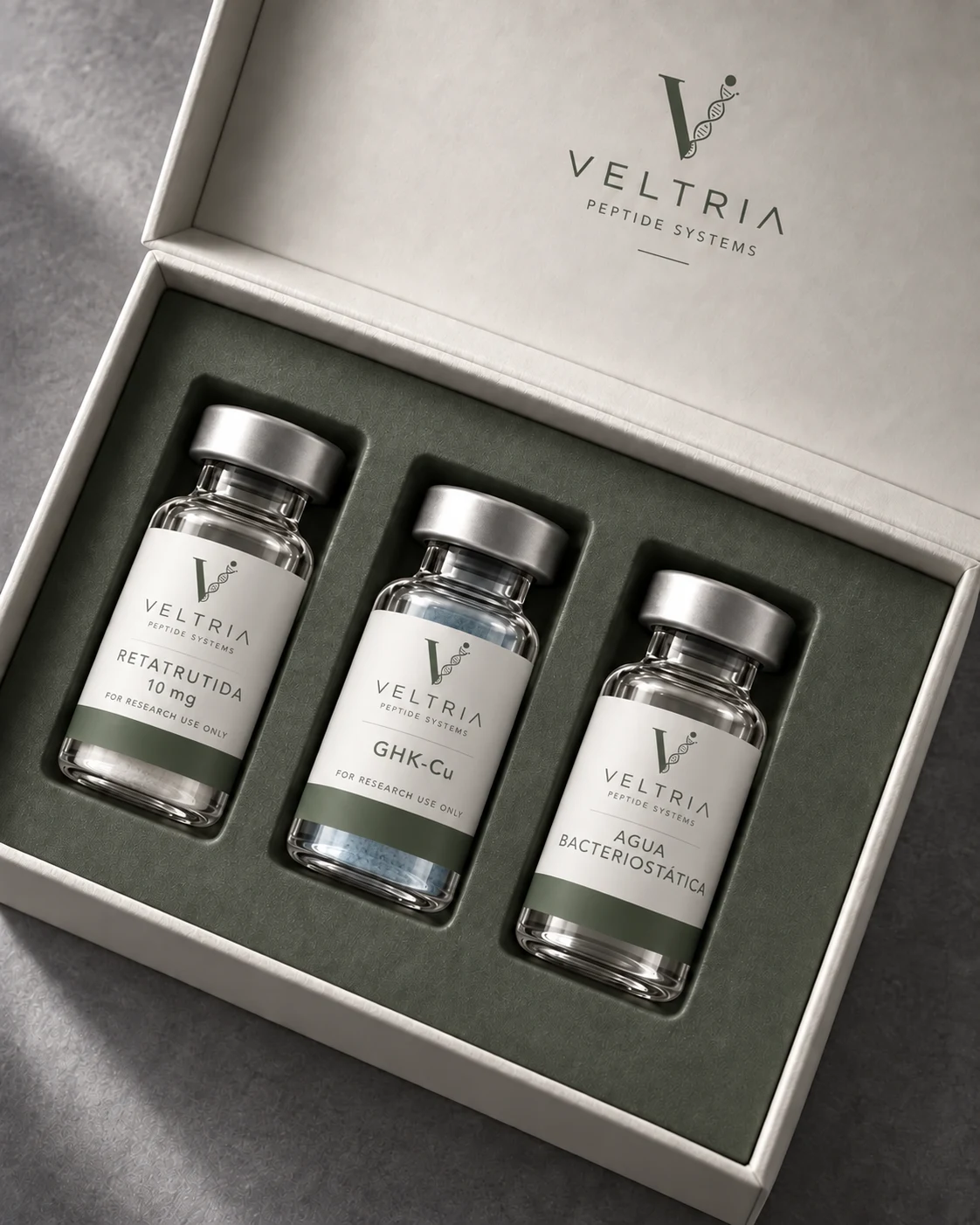 Estuche Veltria con Retatrutida, GHK-Cu y agua bacteriostática